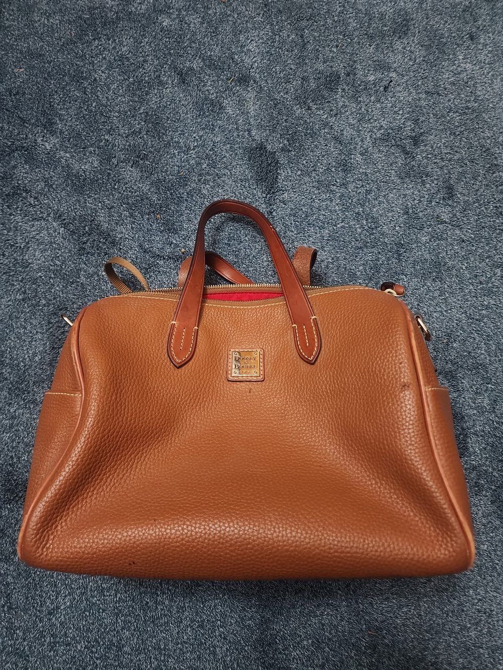 Dooney & Bourke Pebble Leather Satchel in Cognac Brown with Red Trim